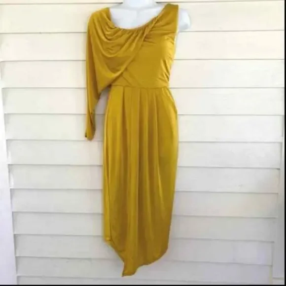 ASOS NEW One Shoulder Long Sleeve Gorgeous Yellow Gold Slinky Asymmetric Dress 2 - Picture 2 of 9